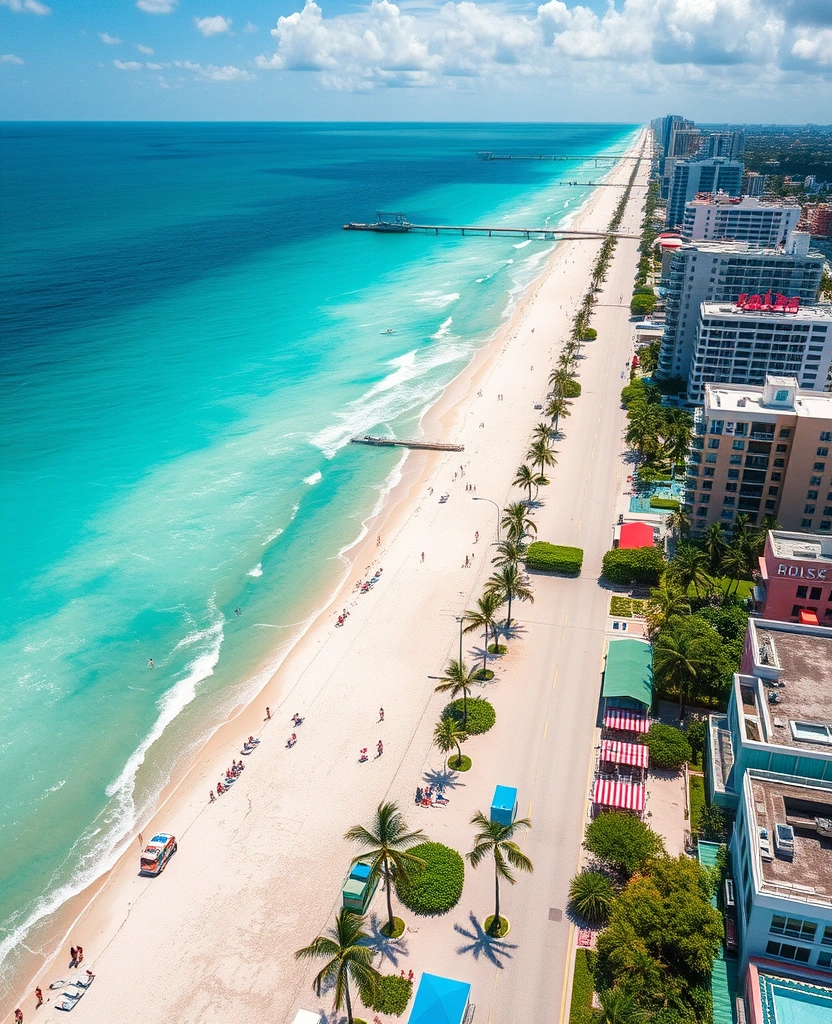 Aerial view of South Beach Miami with turquoise waters and Art Deco hotels