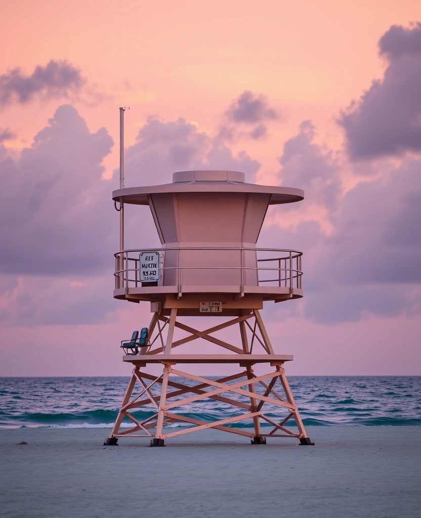 Iconic Miami Beach lifeguard tower at sunset with pastel sky