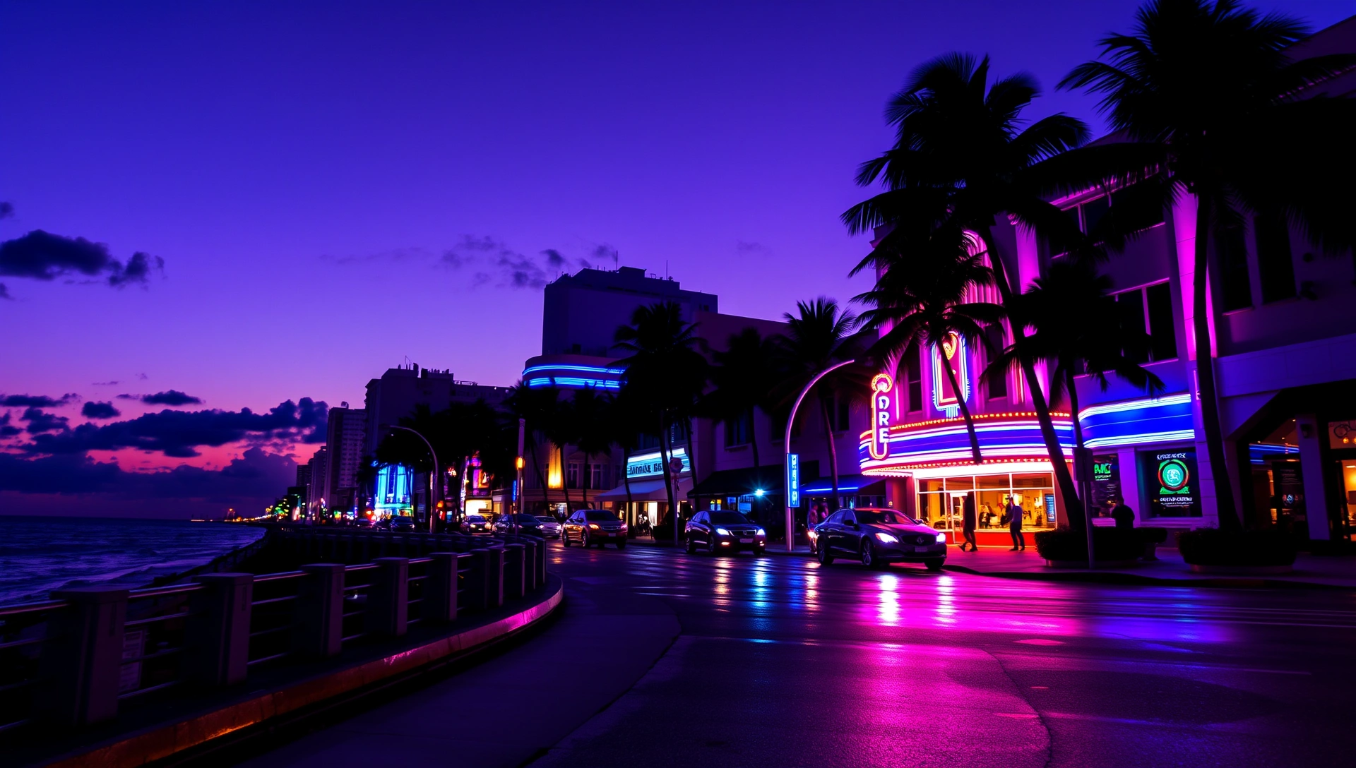 Miami Ocean Drive at night with neon lights